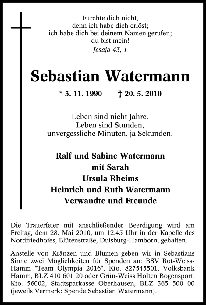  Traueranzeige für Sebastian Watermann vom 26.05.2010 aus Tageszeitung