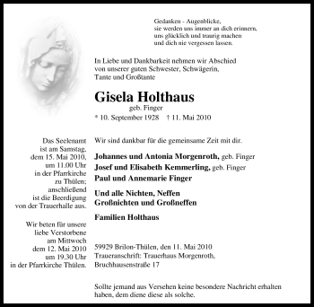 Traueranzeige von Gisela Holthaus von Tageszeitung