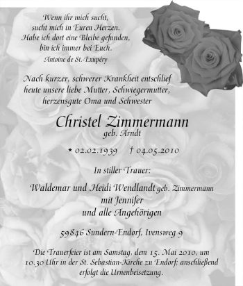 Traueranzeige von Christel Zimmermann von Tageszeitung