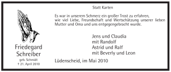 Traueranzeige von Friedegard Schreiber von Tageszeitung
