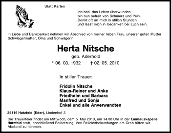 Traueranzeige von Herta Nitsche von Tageszeitung