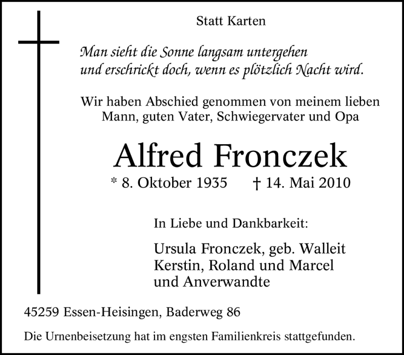  Traueranzeige für Alfred Fronczek vom 29.05.2010 aus Tageszeitung