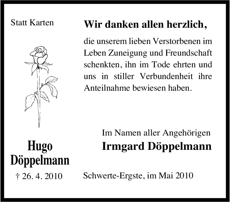  Traueranzeige für Hugo Döppelmann vom 26.05.2010 aus Tageszeitung