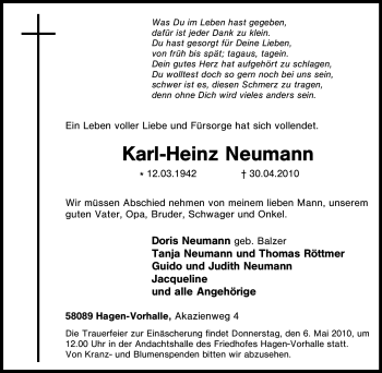 Traueranzeige von Karl-Heinz Neumann von Tageszeitung