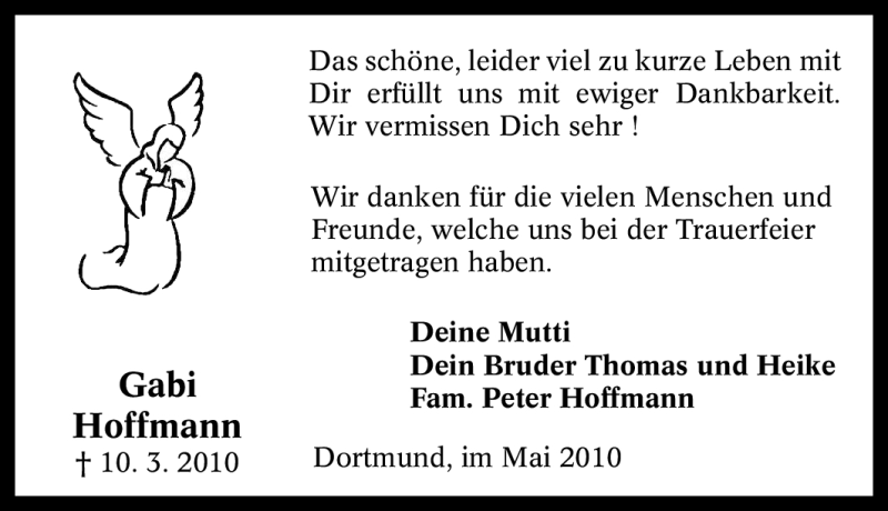  Traueranzeige für Gabi Hoffmann vom 07.05.2010 aus Tageszeitung