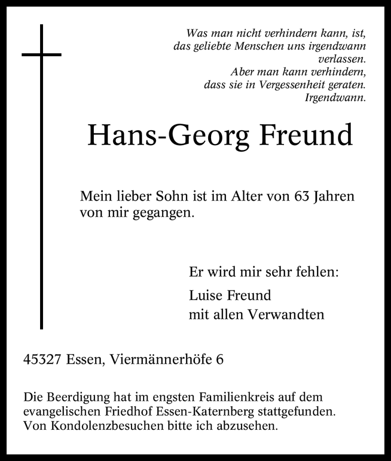  Traueranzeige für Hans-Georg Freund vom 26.05.2010 aus Tageszeitung