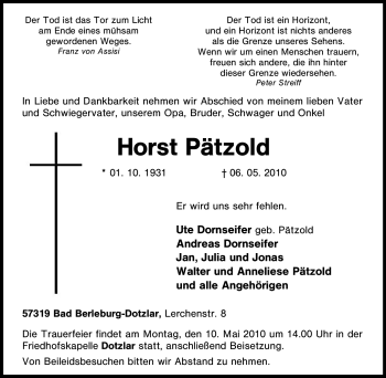 Traueranzeige von Horst Pätzold von Tageszeitung