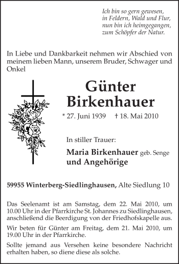 Traueranzeige von Günter Birkenhauer von Tageszeitung