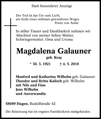 Traueranzeige von Magdalena Galauner von Tageszeitung