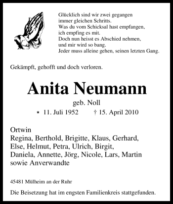 Traueranzeige von Anita Neumann von Tageszeitung