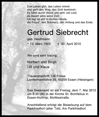 Traueranzeige von Gertrud Siebrecht von Tageszeitung