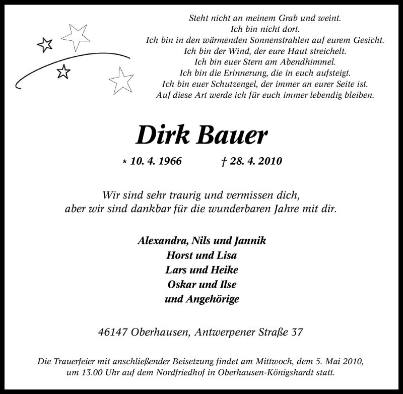  Traueranzeige für Dirk Bauer vom 01.05.2010 aus Tageszeitung