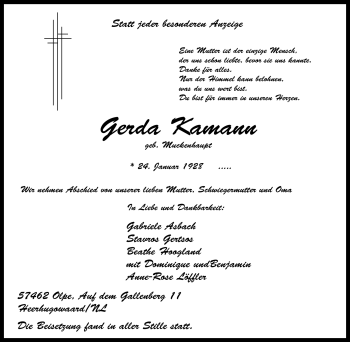 Traueranzeige von Gerda Kamann von Tageszeitung