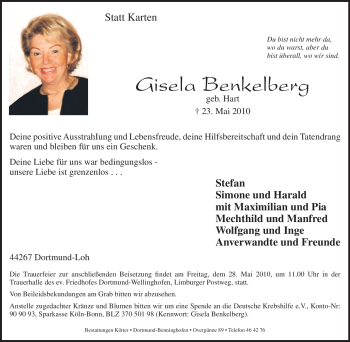 Traueranzeige von Gisela Benkelberg von Tageszeitung