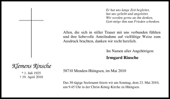 Traueranzeige von Klemens Rinsche von Tageszeitung