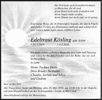 Traueranzeige von Edeltraut Kösling von Tageszeitung