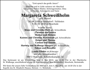 Traueranzeige von Margareta Schweißhelm von Tageszeitung