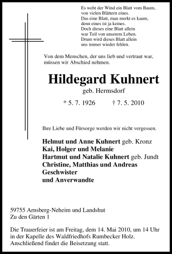 Traueranzeige von Hildegard Kuhnert von Tageszeitung
