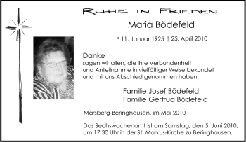 Traueranzeige von Maria Bödefeld von Tageszeitung
