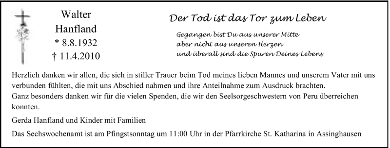  Traueranzeige für Walter Hanfland vom 17.05.2010 aus Tageszeitung