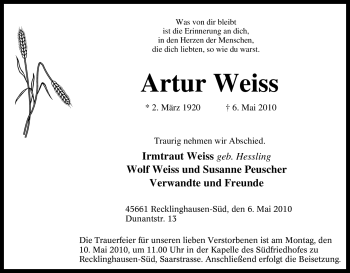 Traueranzeige von Artur Weiss von Tageszeitung