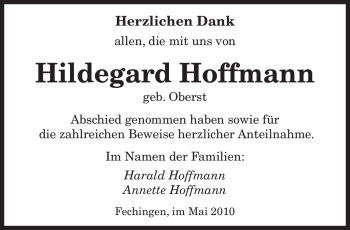 Traueranzeige von Hildegard Hoffmann von Tageszeitung