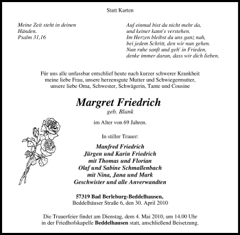 Traueranzeige von Margret Friedrich von Tageszeitung