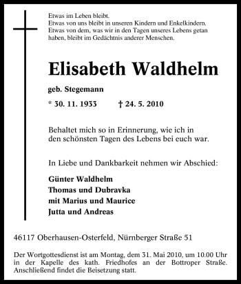 Traueranzeige von Elisabeth Waldhelm von Tageszeitung