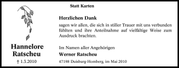 Traueranzeige von Hannelore Ratscheu von Tageszeitung