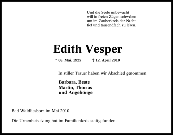 Traueranzeige von Edith Vesper von Tageszeitung