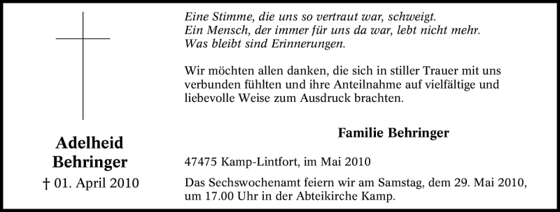  Traueranzeige für Adelheid Behringer vom 22.05.2010 aus Tageszeitung