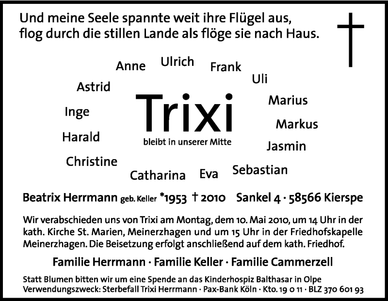 Traueranzeige für Beatrix Herrmann vom 07.05.2010 aus Tageszeitung
