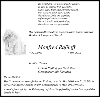 Traueranzeige von Manfred Raßloff von Tageszeitung