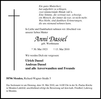 Traueranzeige von Anni Dassel von Tageszeitung
