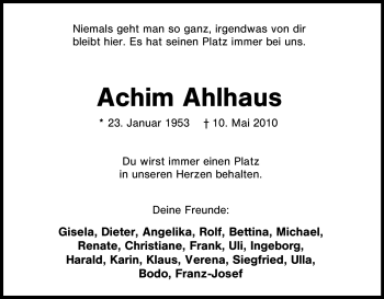 Traueranzeige von Achim Ahlhaus von Tageszeitung