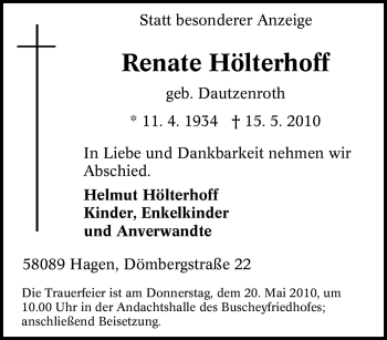 Traueranzeige von Renate Hölterhoff von Tageszeitung