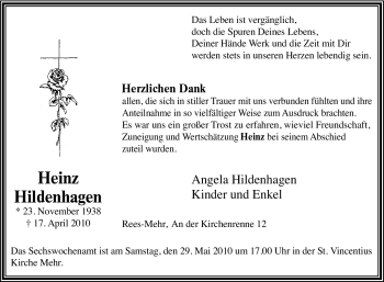Traueranzeige von Heinz Hildenhagen von Tageszeitung
