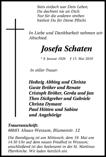 Traueranzeige von Josefa Schaten von Tageszeitung
