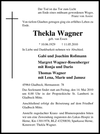 Traueranzeige von Thekla Wagner von Tageszeitung