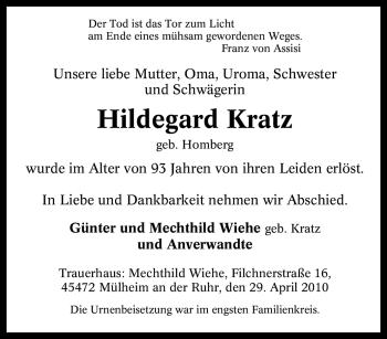 Traueranzeige von Hildegard Kratz von Tageszeitung