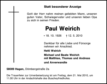 Traueranzeige von Paul Weirich von Tageszeitung