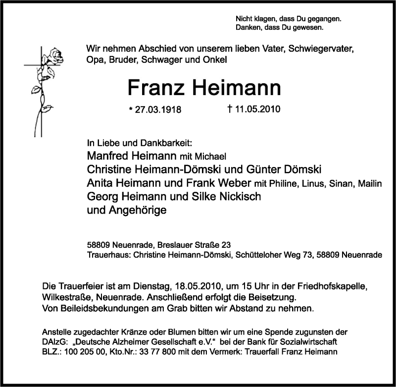  Traueranzeige für Franz Heimann vom 13.05.2010 aus Tageszeitung