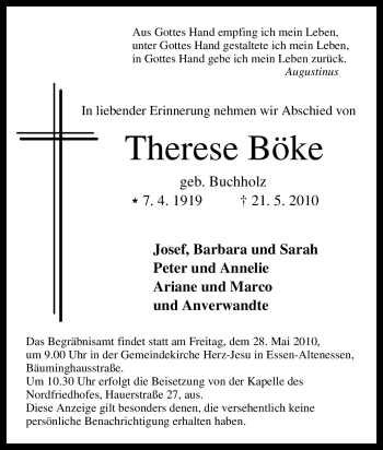 Traueranzeige von Therese Böke von Tageszeitung