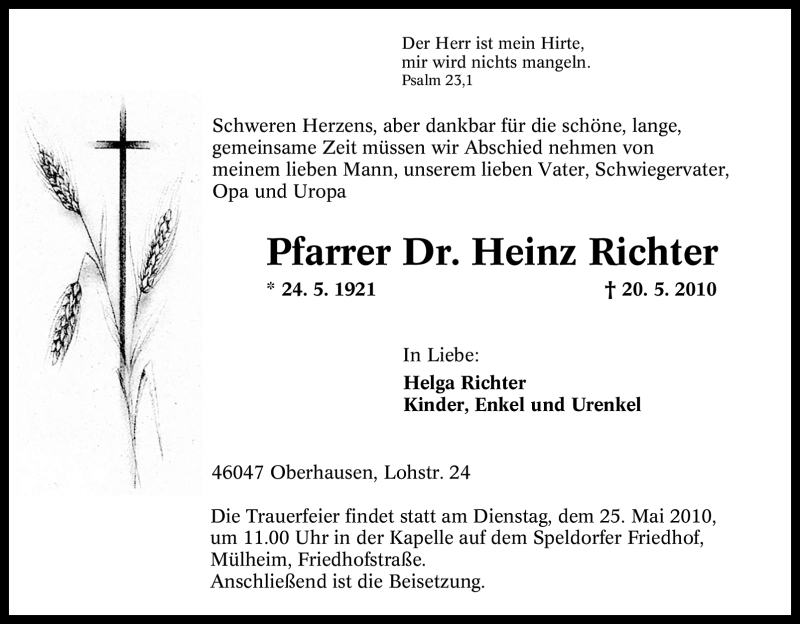  Traueranzeige für Heinz Richter vom 21.05.2010 aus Tageszeitung