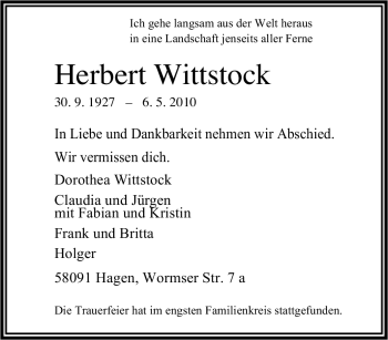 Traueranzeige von Herbert Wittstock von Tageszeitung