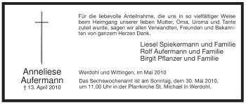 Traueranzeige von Anneliese Aufermann von Tageszeitung