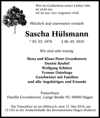 Traueranzeige von Sascha Hülsmann von Tageszeitung