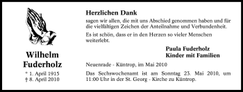 Traueranzeige von Wilhelm Fuderholz von Tageszeitung