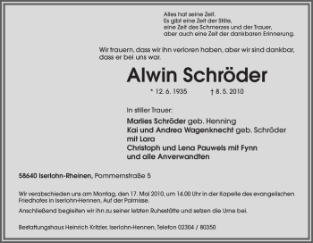 Traueranzeige von Alwin Schröder von Tageszeitung