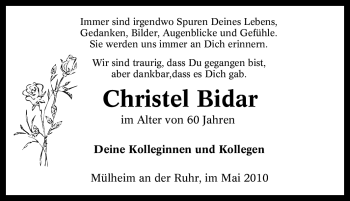 Traueranzeige von Christel Bidar von Tageszeitung